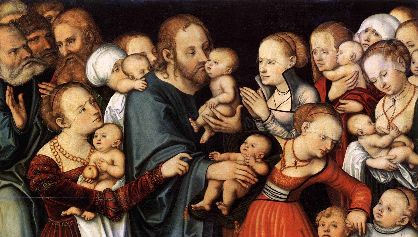 Christus steht dicht umringt von Frauen, die ihm ihre Kinder und Säuglinge aufdrängen.